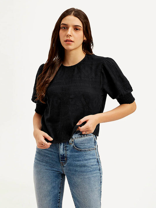Minimalist Women’s Round Neck Top in Black with Subtle Textured Pattern