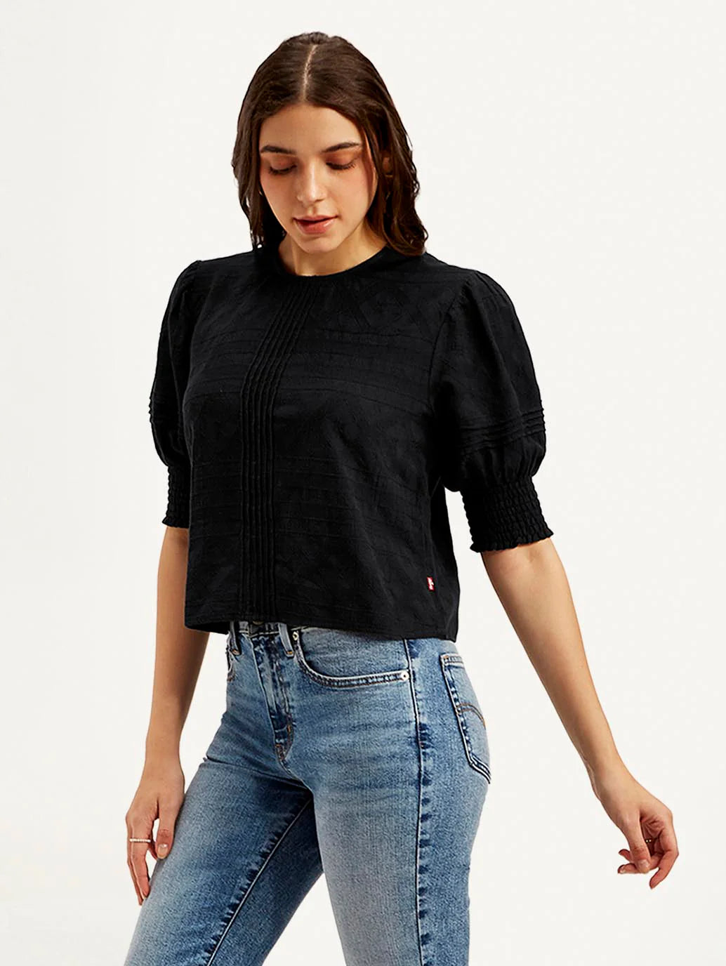 Minimalist Women’s Round Neck Top in Black with Subtle Textured Pattern