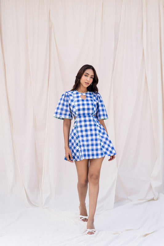 Fashionable Blue Checks Dress with Short Hemline and Heart Cut-Out Design