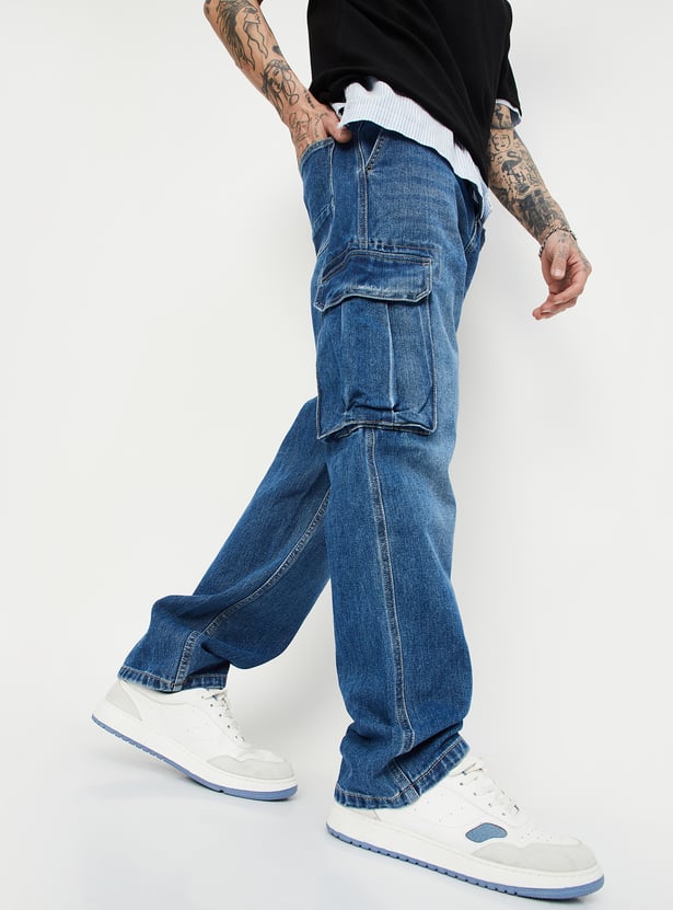 Street Style Loose Fit Cargo Denim Jeans for Men with Washed Finish