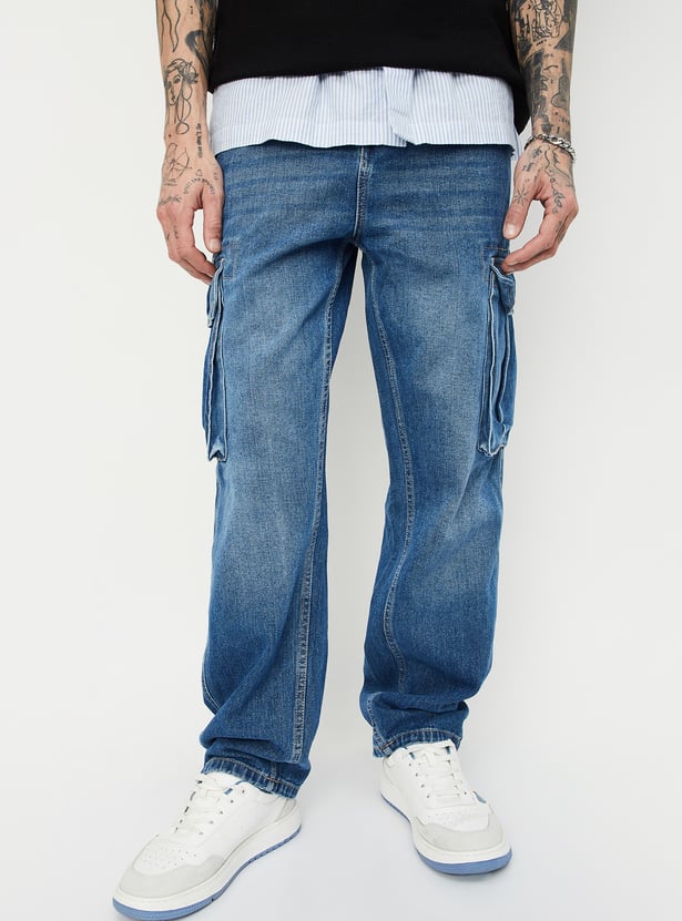 Street Style Loose Fit Cargo Denim Jeans for Men with Washed Finish