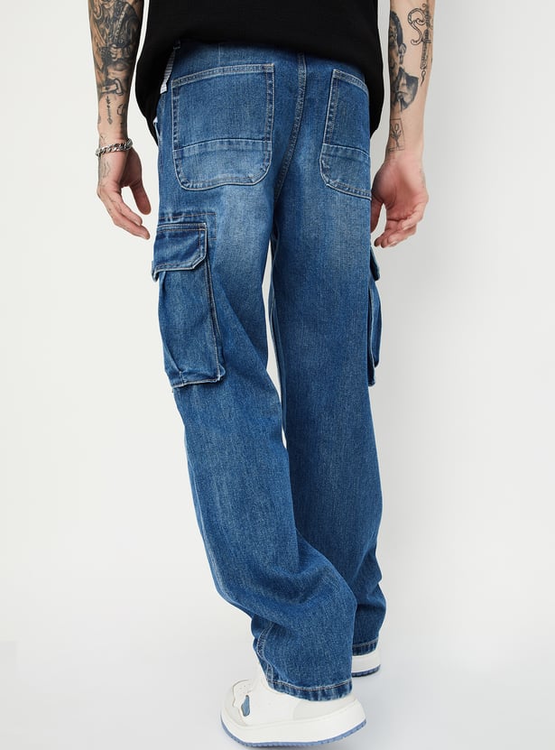 Street Style Loose Fit Cargo Denim Jeans for Men with Washed Finish