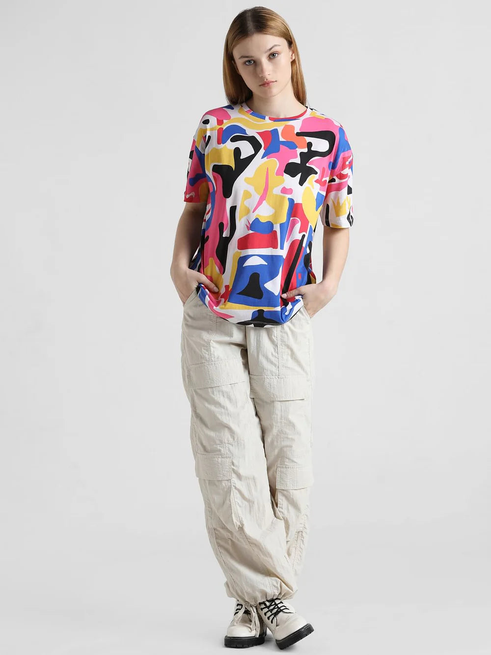Soft Cotton Oversized T-Shirt with Abstract Multi-Colour Design