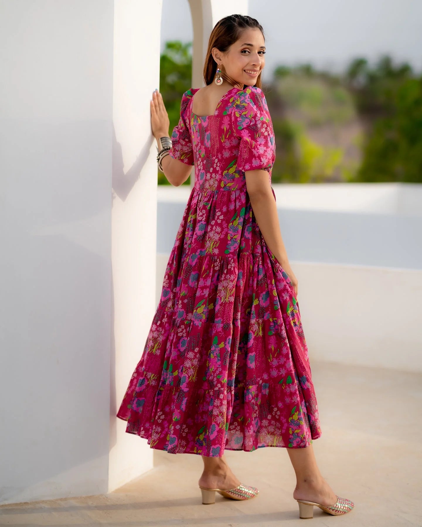 Chic Fuschia Tiered Flared Dress with Stylish Layers for Day and Evening Outings