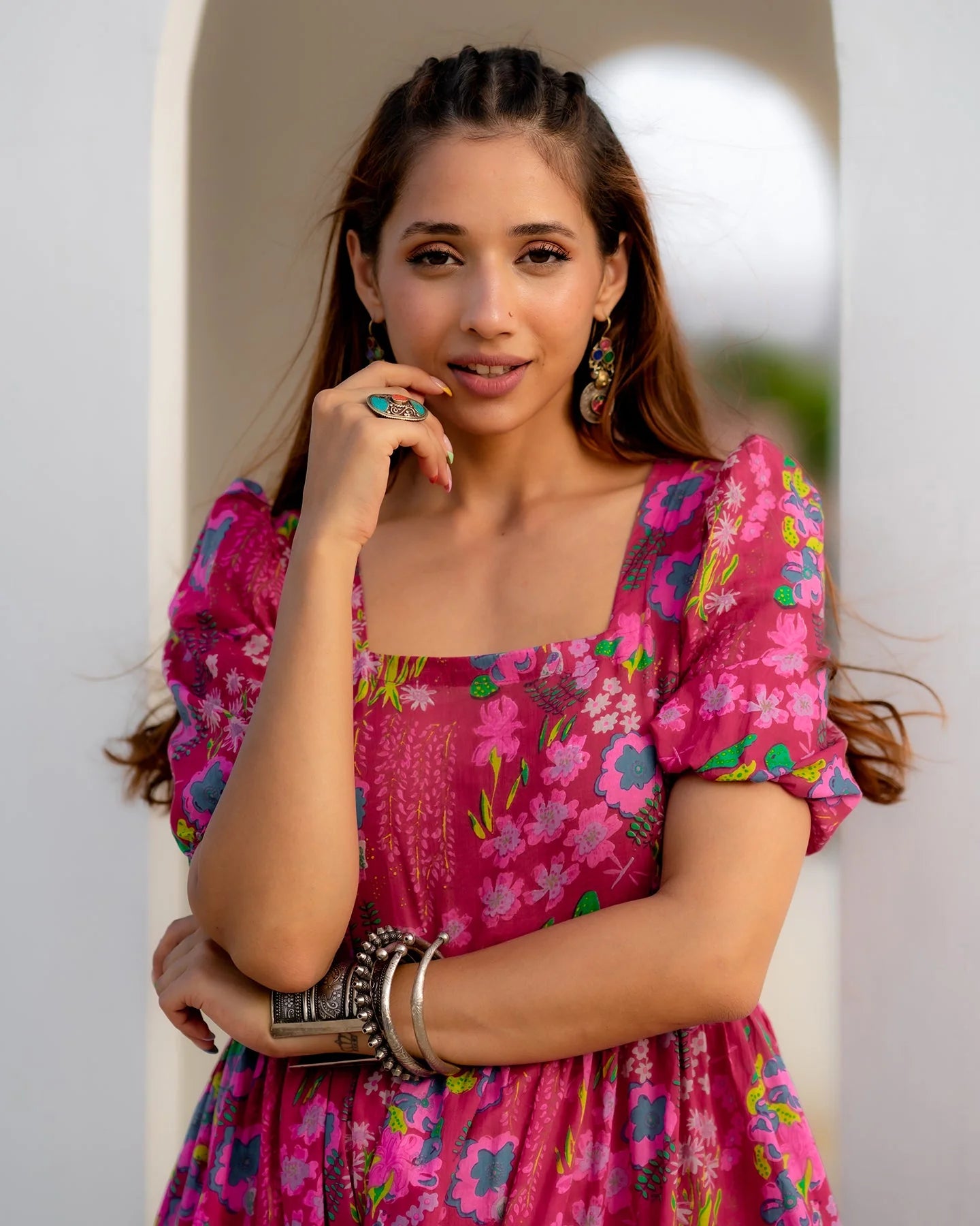 Chic Fuschia Tiered Flared Dress with Stylish Layers for Day and Evening Outings