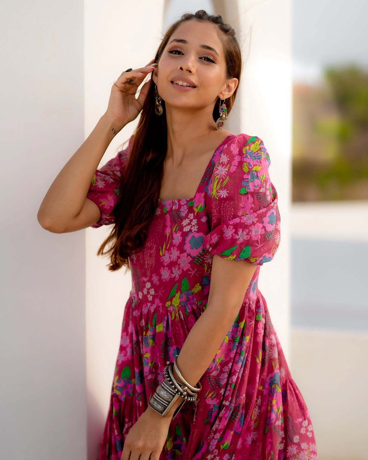 Chic Fuschia Tiered Flared Dress with Stylish Layers for Day and Evening Outings