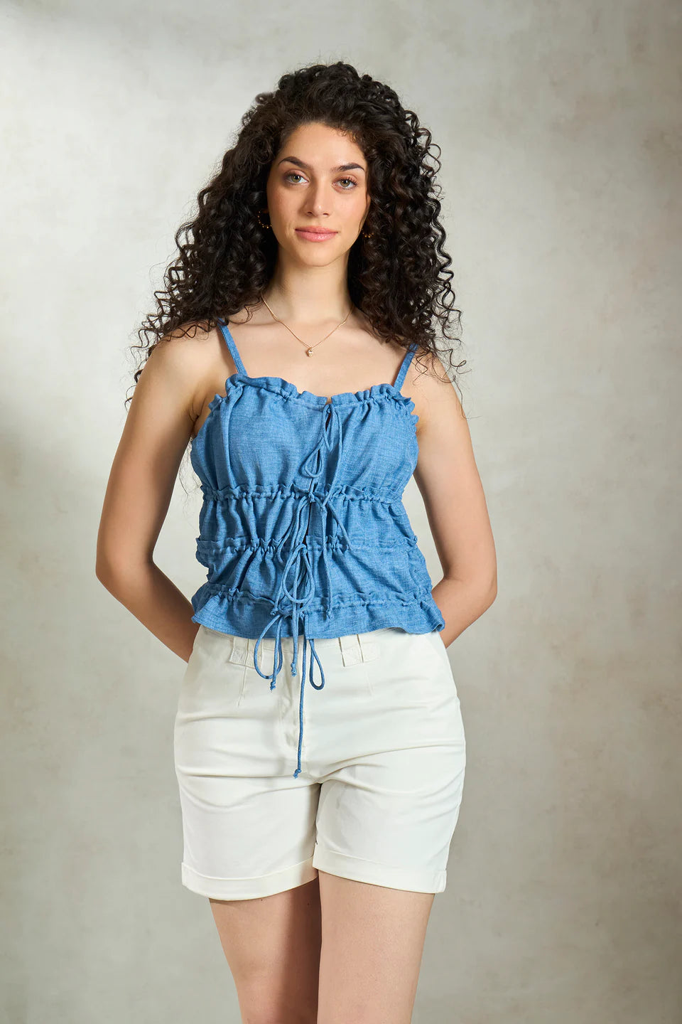 Fashionable Linen Tiered Cami Front Tie-Up Top for Women