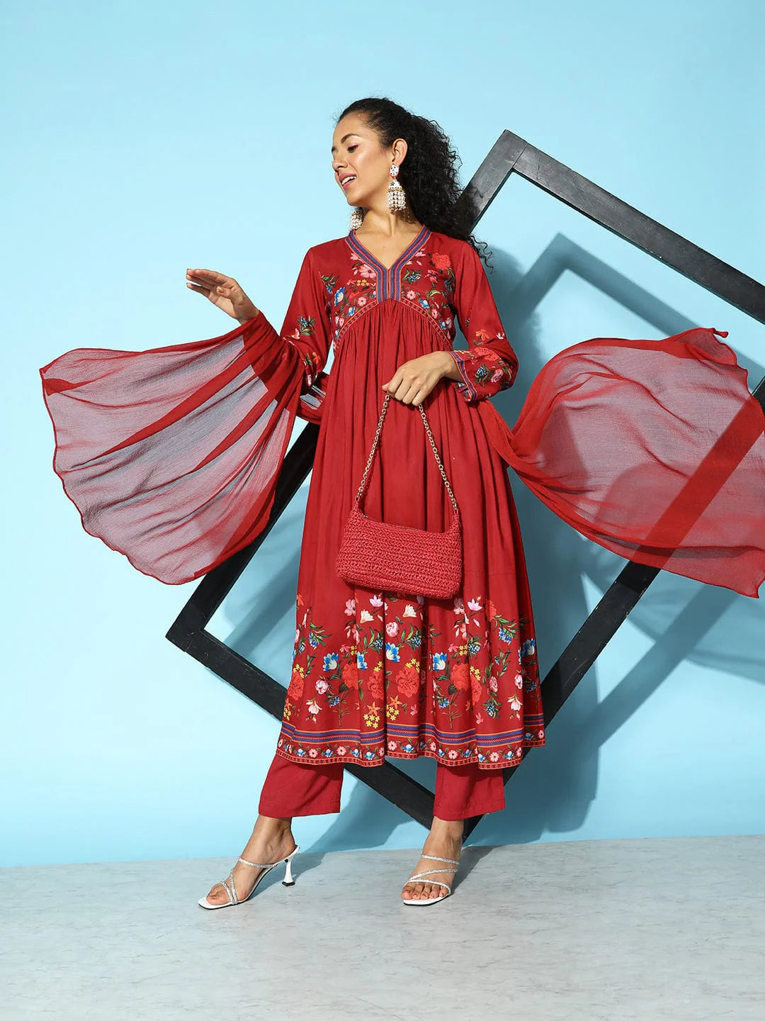 Festive Red Anarkali Kurta Set for Women with Tonal Trousers and Soft Chiffon Dupatta