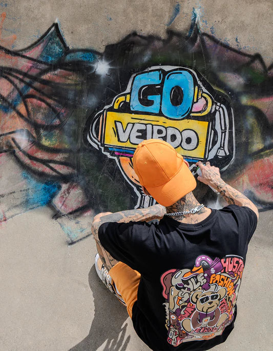 Fashionable Black Oversized Cotton T-Shirt for Men with Teddy Bear Back Print