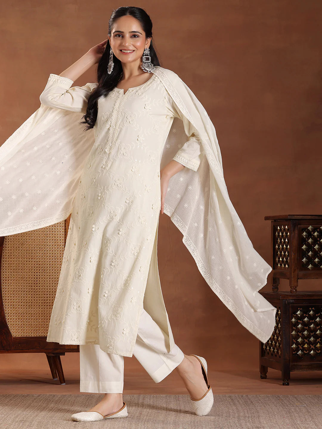 Off White Cotton Straight Kurta Ensemble with Delicate Embroidery and Coordinated Dupatta