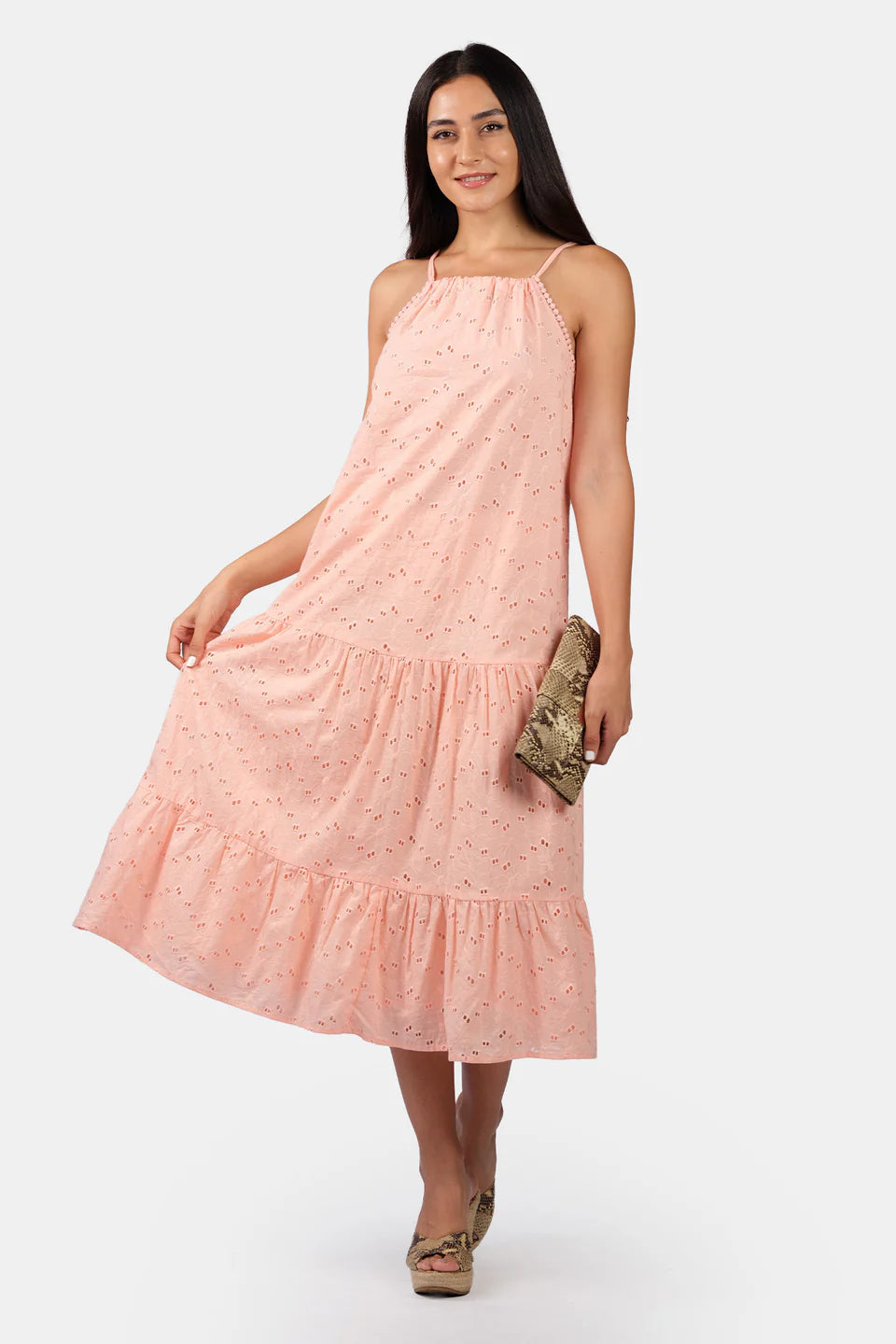 Relaxed Fit Women’s Cotton Schiffli Halter Maxi Dress