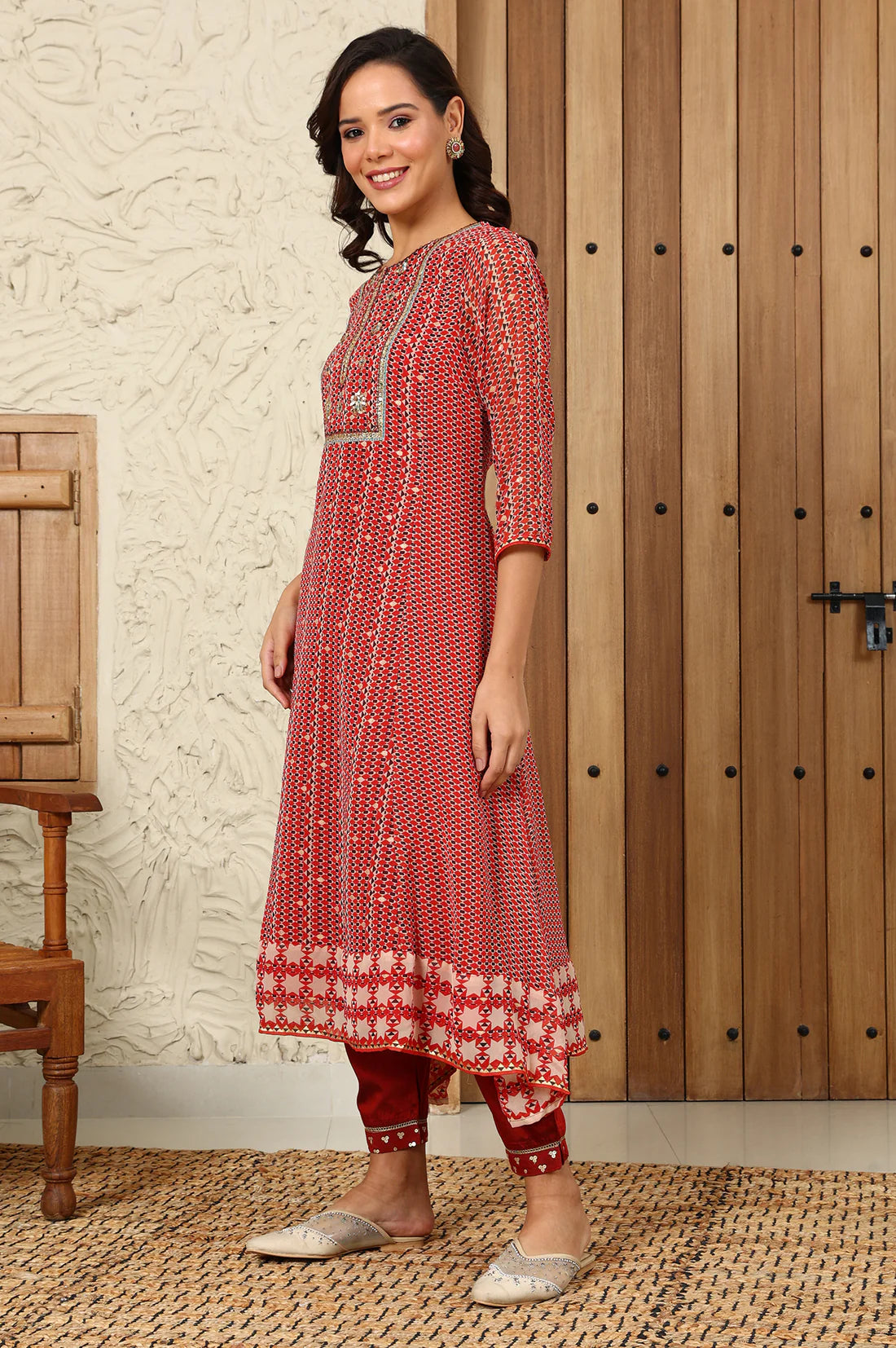 Contemporary Rust Red Flared Kurta, Pants and Dupatta Set with Geometric Prints and Elegant Embroidery for Special Occasions and Celebrations