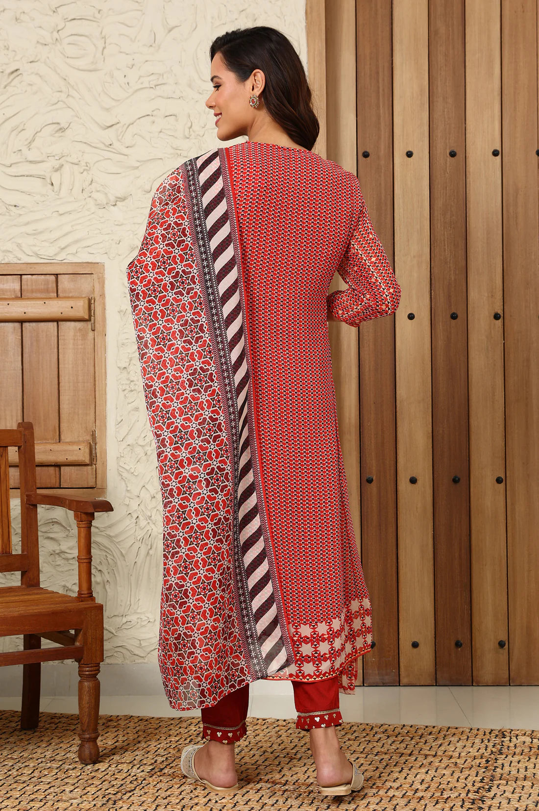 Contemporary Rust Red Flared Kurta, Pants and Dupatta Set with Geometric Prints and Elegant Embroidery for Special Occasions and Celebrations