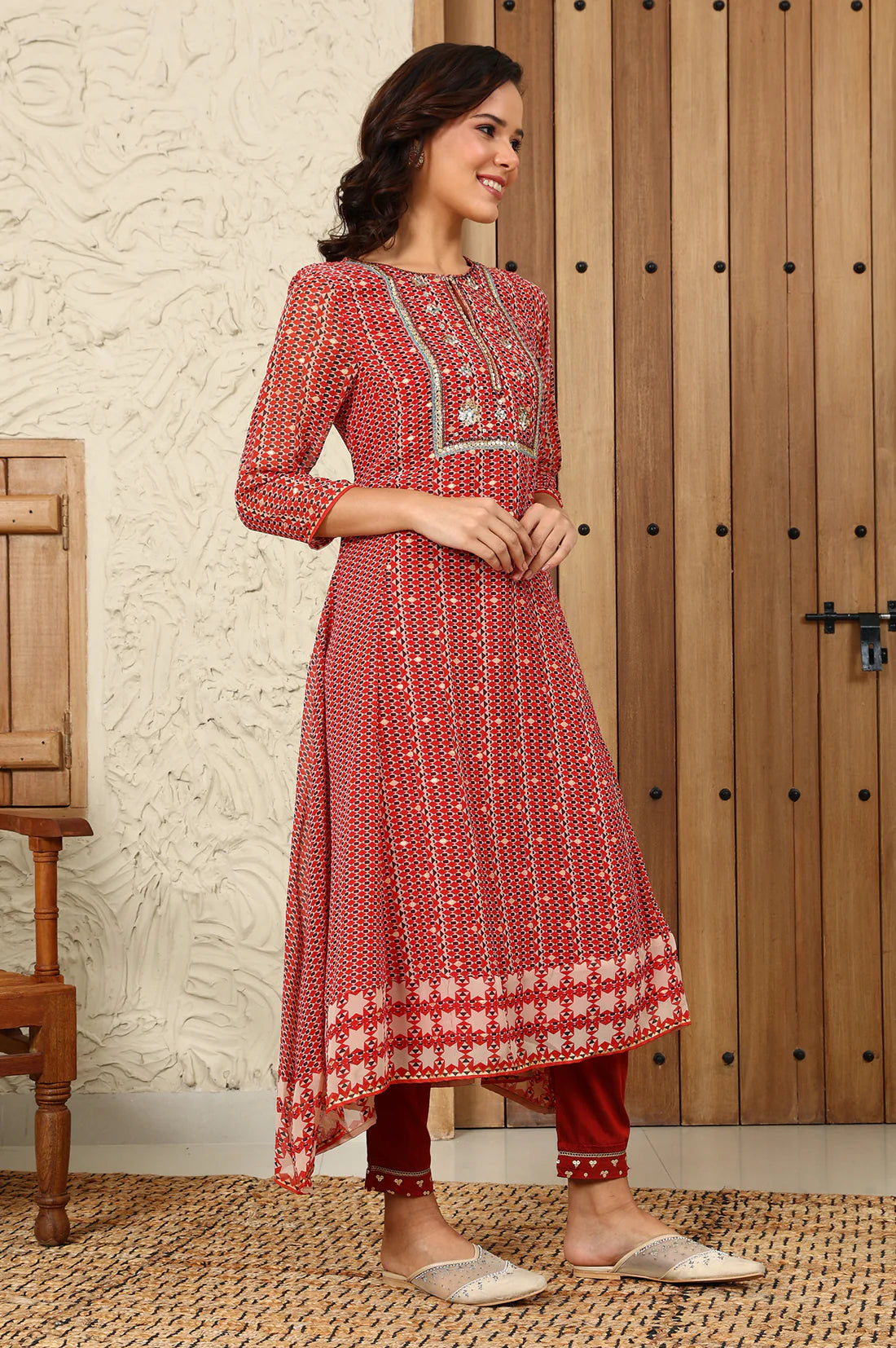 Contemporary Rust Red Flared Kurta, Pants and Dupatta Set with Geometric Prints and Elegant Embroidery for Special Occasions and Celebrations