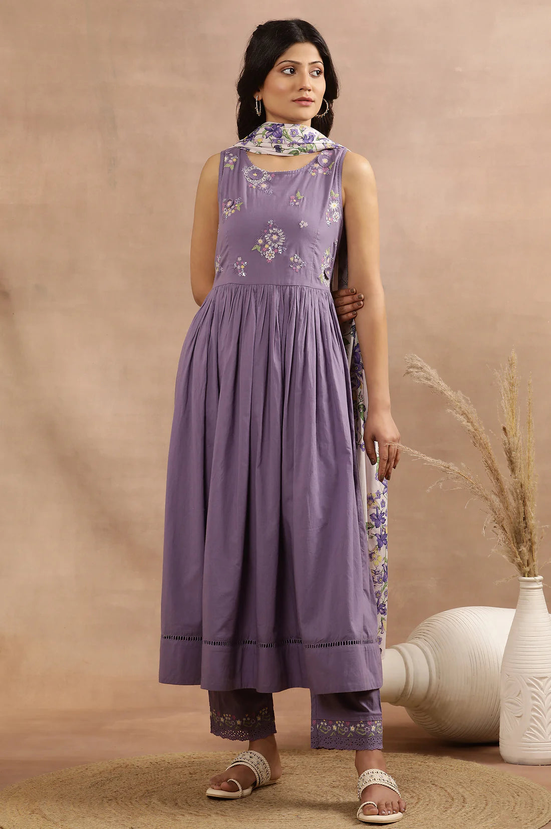 Trendy Purple A-Line Kurta, Pants and Printed Dupatta Set with Elegant Embroidery and Flowing Silhouette for Parties and Festivals