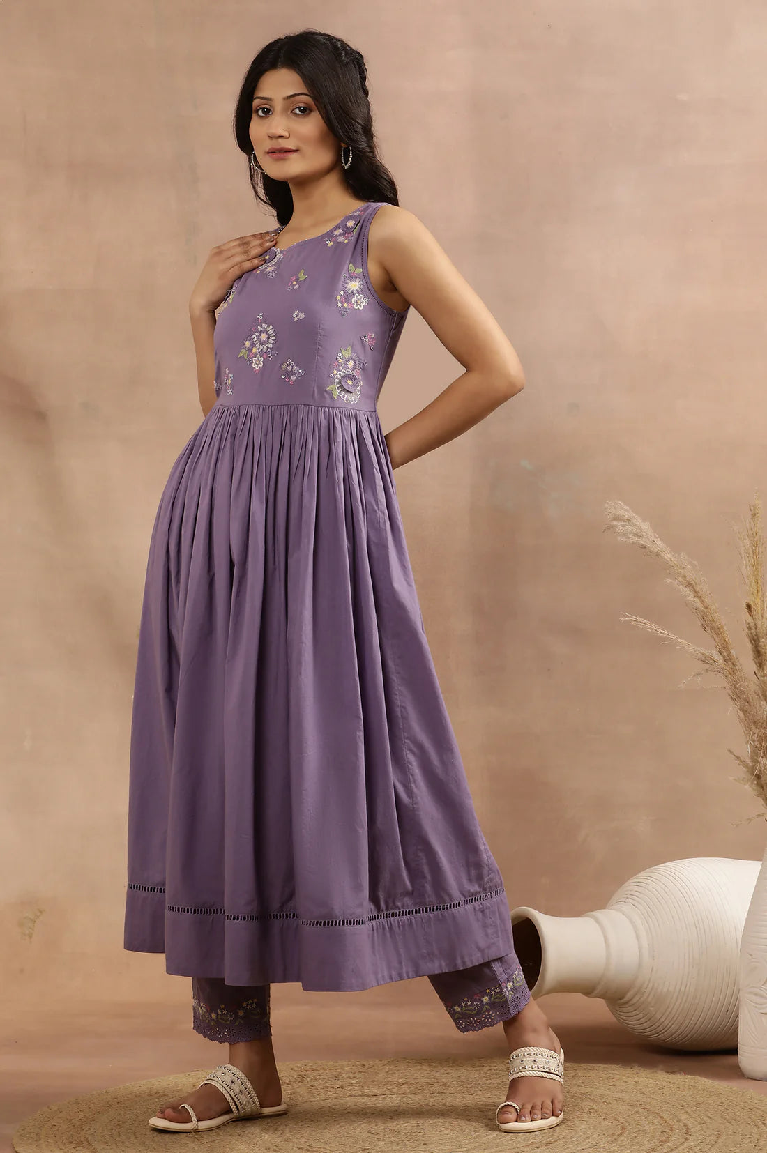 Trendy Purple A-Line Kurta, Pants and Printed Dupatta Set with Elegant Embroidery and Flowing Silhouette for Parties and Festivals