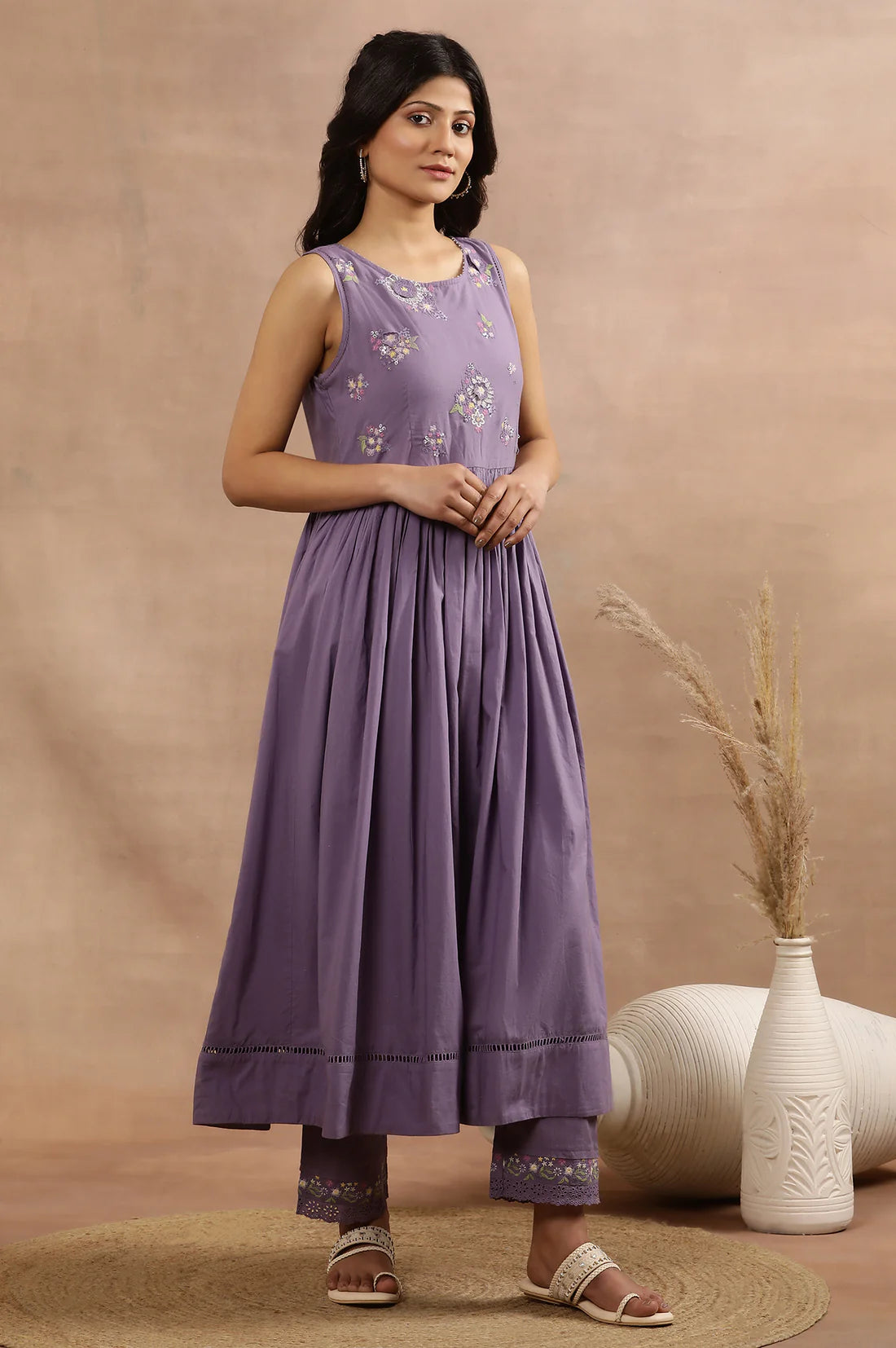 Trendy Purple A-Line Kurta, Pants and Printed Dupatta Set with Elegant Embroidery and Flowing Silhouette for Parties and Festivals