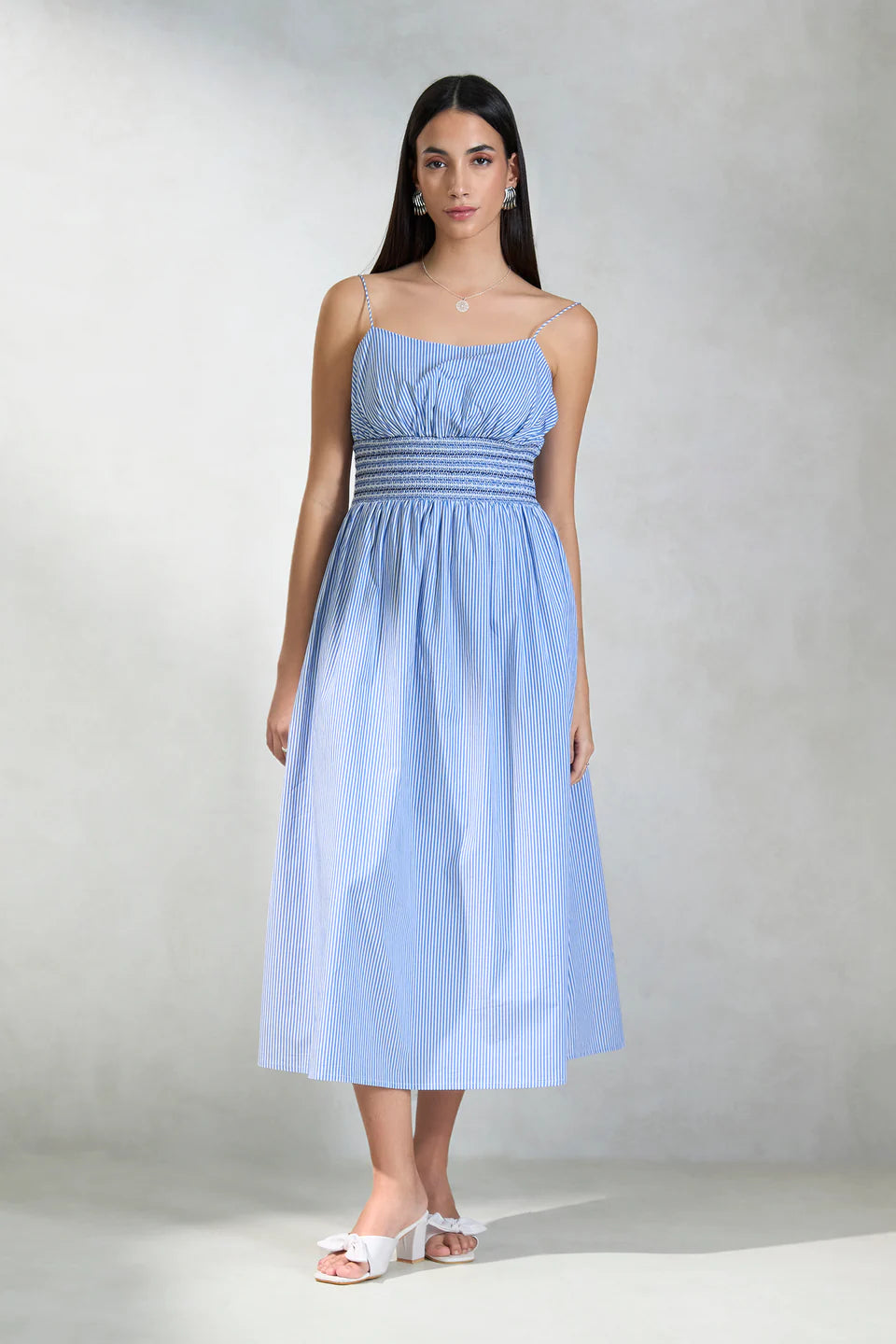 Graceful Cotton Dress with Smocked Waist and Stripe Detailing