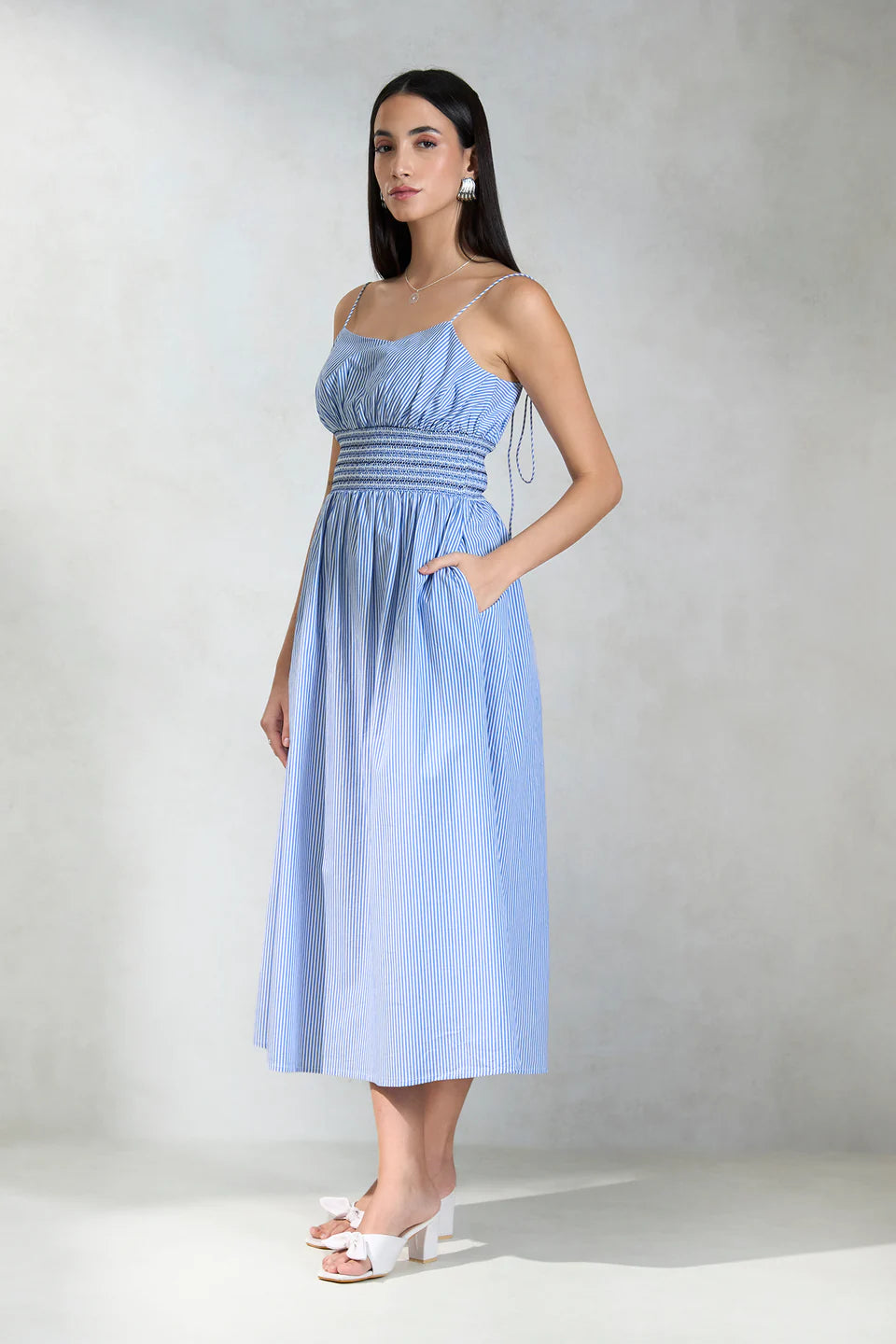 Graceful Cotton Dress with Smocked Waist and Stripe Detailing