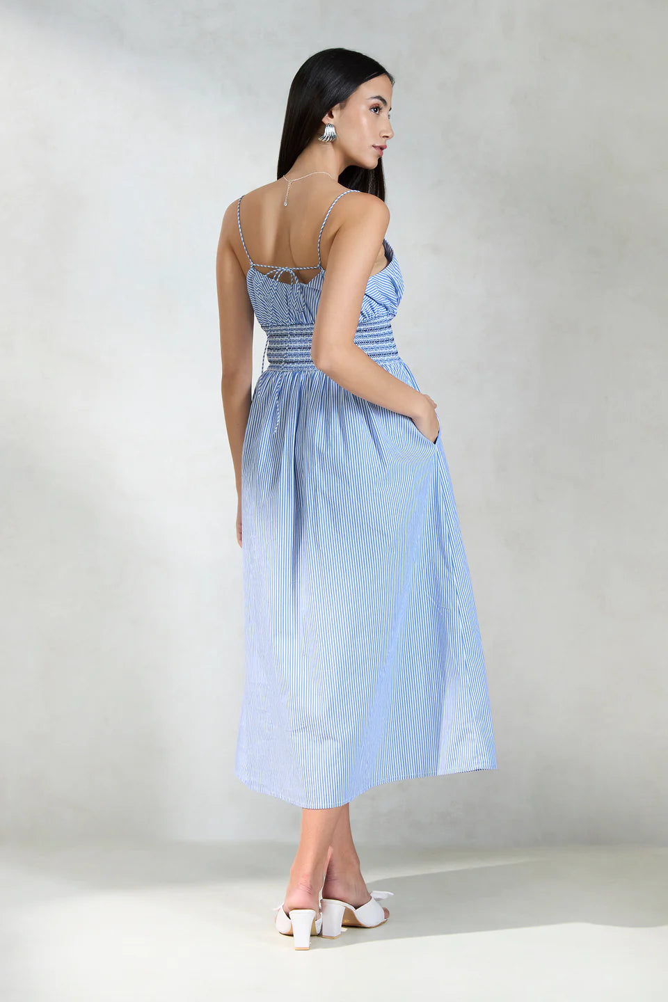 Graceful Cotton Dress with Smocked Waist and Stripe Detailing