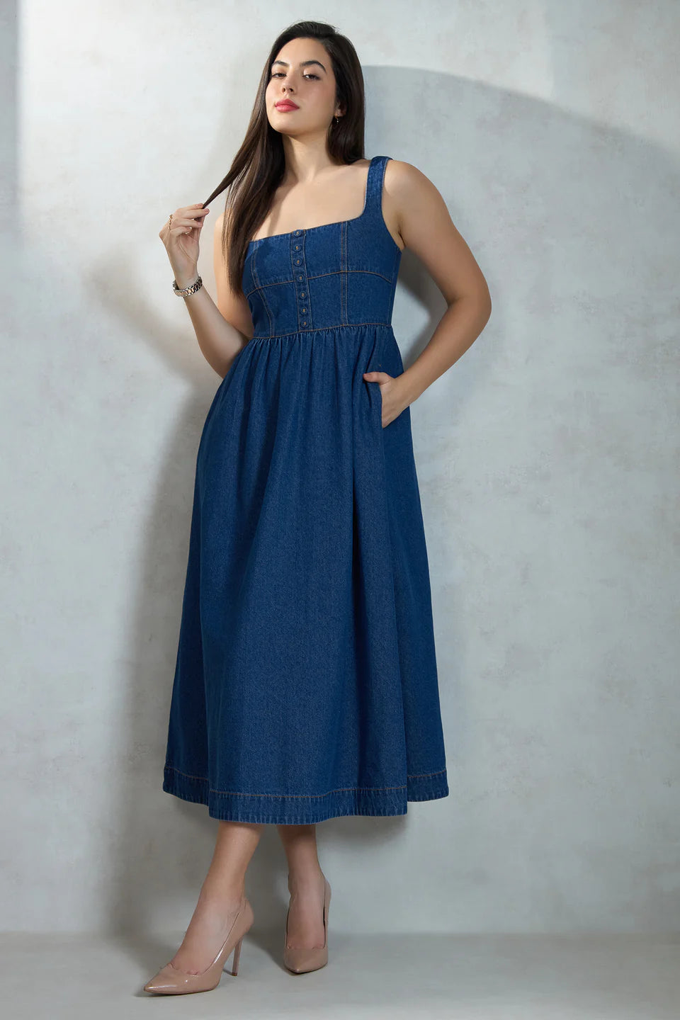 Stylish Cotton Denim Midi Dress with Flared Design
