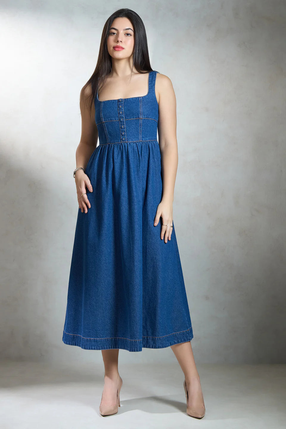 Stylish Cotton Denim Midi Dress with Flared Design