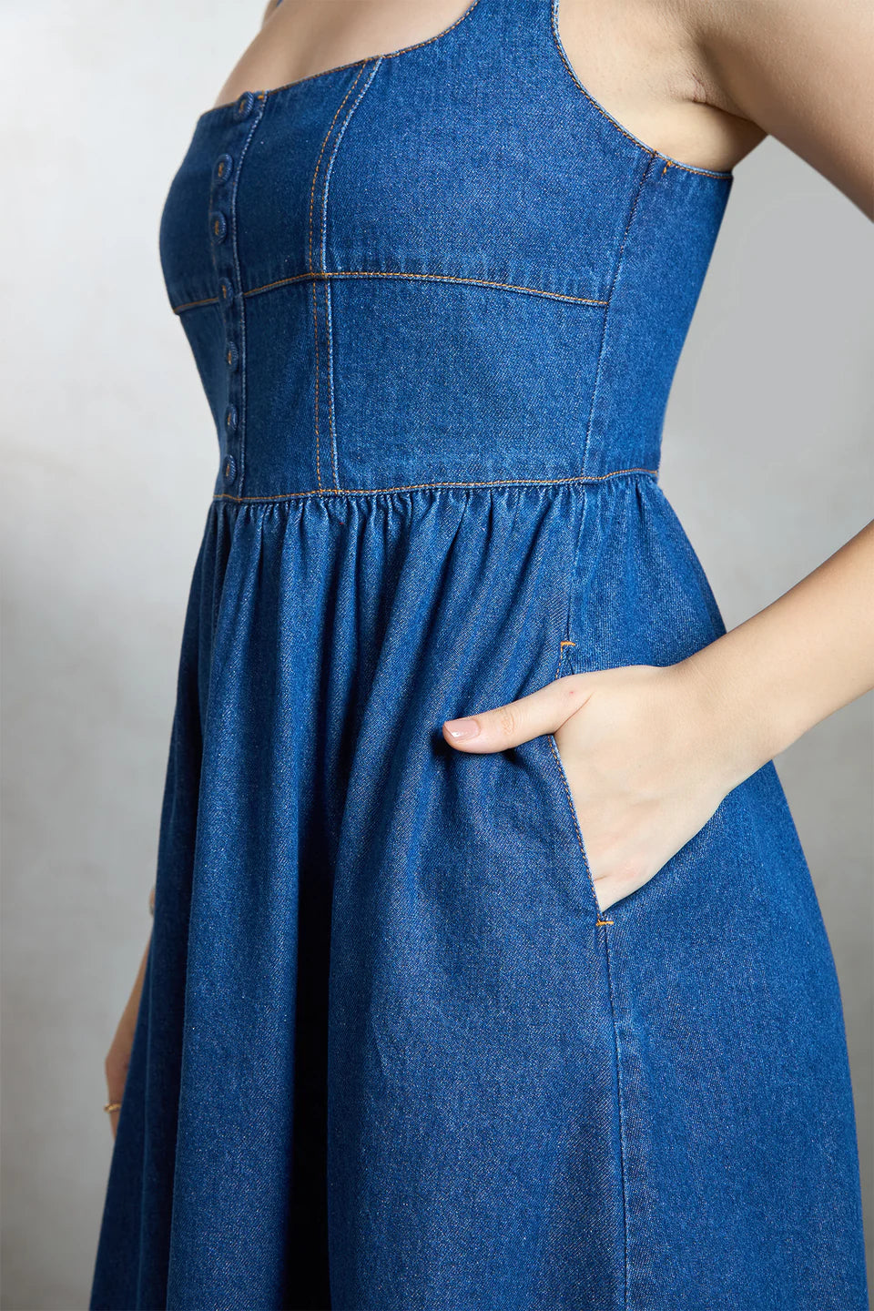 Stylish Cotton Denim Midi Dress with Flared Design