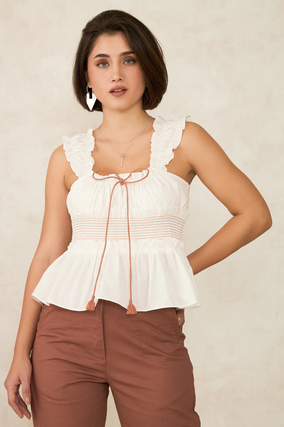 Relaxed Fit Women’s Cotton Peplum Top with Mocha Trim