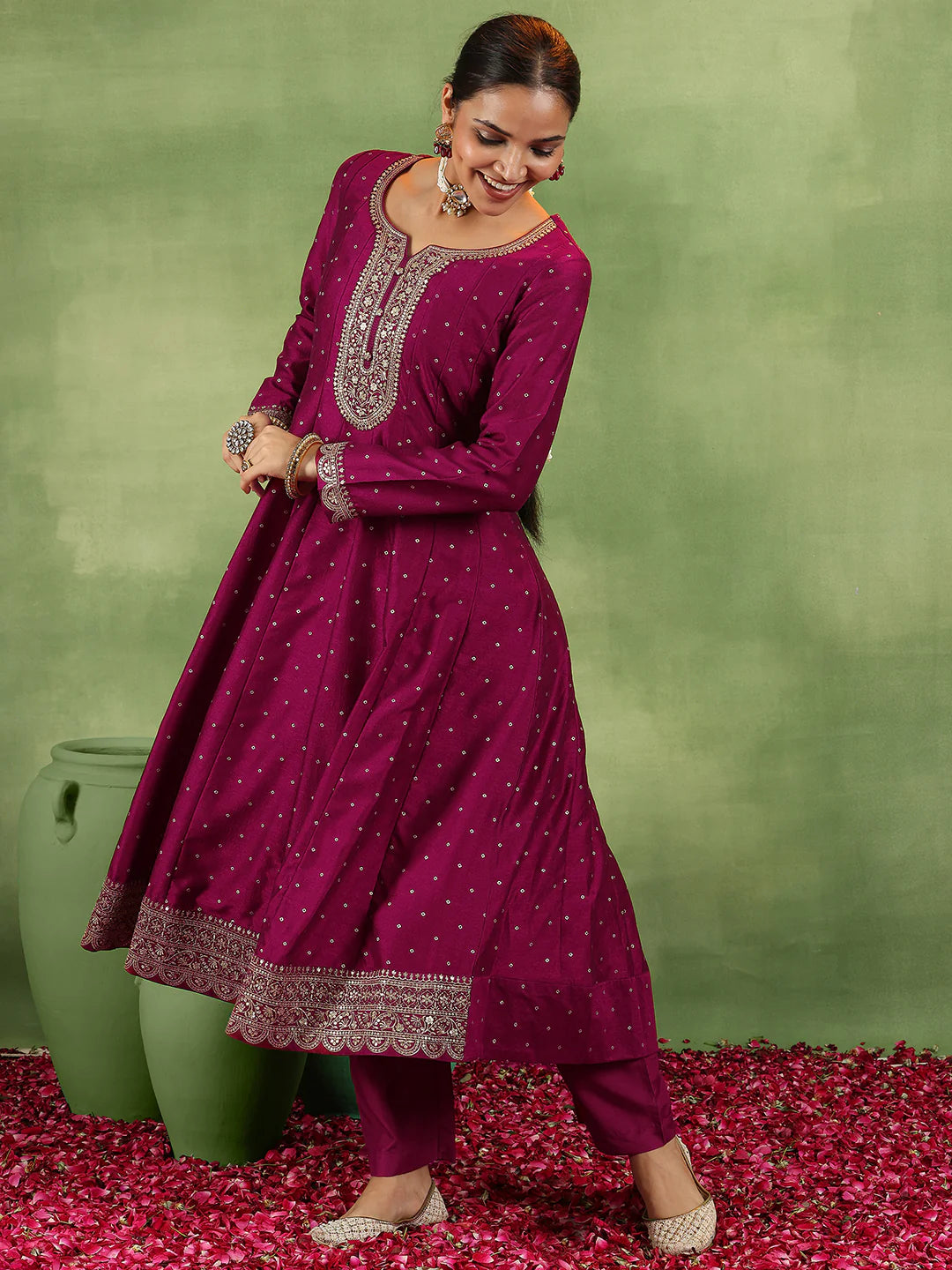 Maroon Silk Blend Anarkali Ensemble with Detailed Embroidery and Flowing Dupatta
