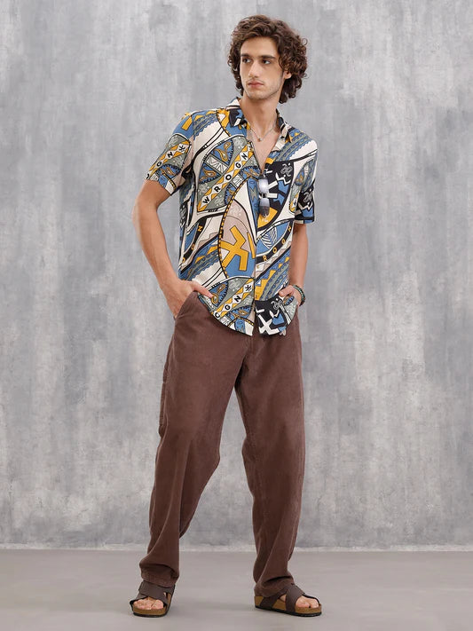 Trendy Men’s Blue Shirt with Abstract AOP Lightweight Shirt Perfect for Office, College, and Casual Outings