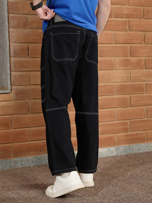 Street Style Black Loose Fit Jeans for Men with Stylish Contrast Stitch