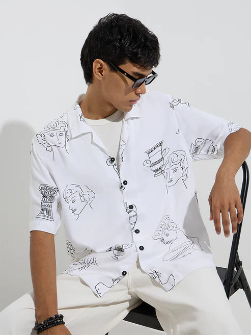 Soft Fabric White Printed Shirt for Men with Relaxed Fit for All Day Wear