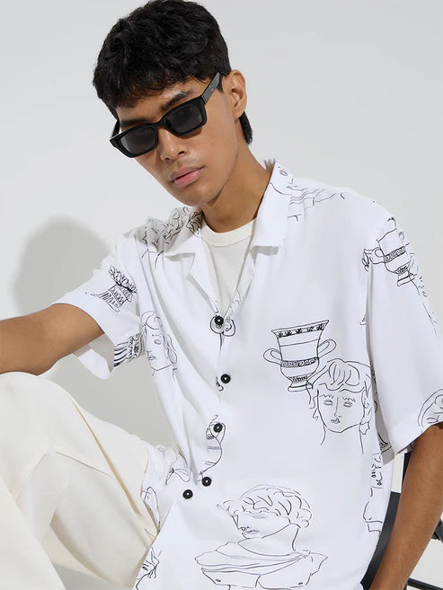Soft Fabric White Printed Shirt for Men with Relaxed Fit for All Day Wear