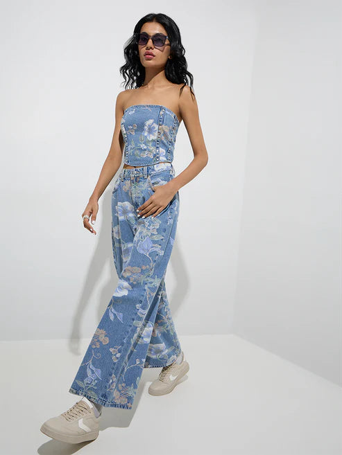 Women’s Blue High-Rise Relaxed-Fit Jeans with Trendy Floral Accents for Everyday Fashion