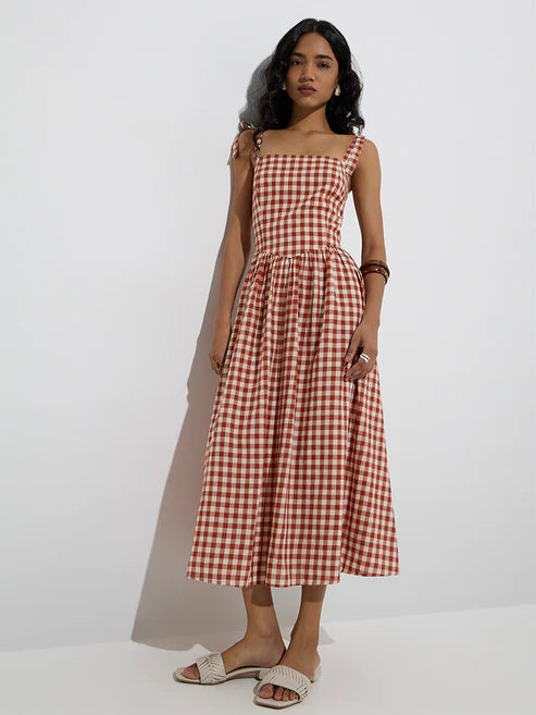 Women’s Rust A-Line Dress with Gingham Checks and Flared Bottom Hem