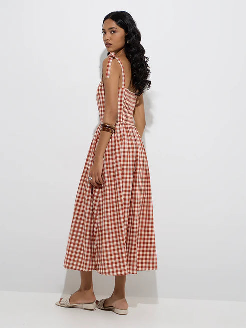 Women’s Rust A-Line Dress with Gingham Checks and Flared Bottom Hem