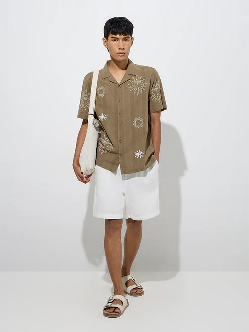 Trendy Men’s Olive Cotton Shirt with Subtle Embroidered Detailing and Relaxed Fit