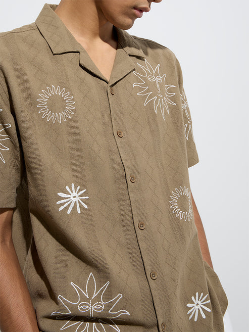 Trendy Men’s Olive Cotton Shirt with Subtle Embroidered Detailing and Relaxed Fit