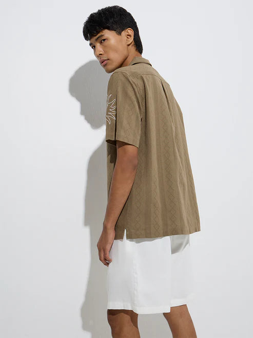 Trendy Men’s Olive Cotton Shirt with Subtle Embroidered Detailing and Relaxed Fit