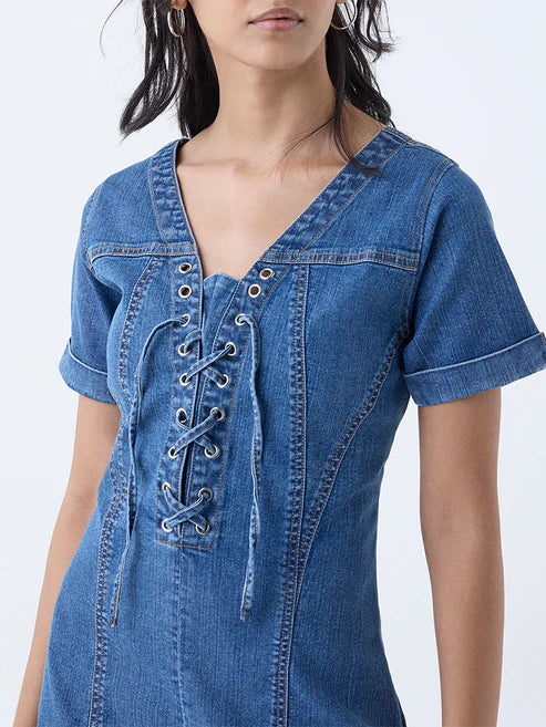 Blue Denim A-Line Dress for Women with Trendy Criss-Cross Styling