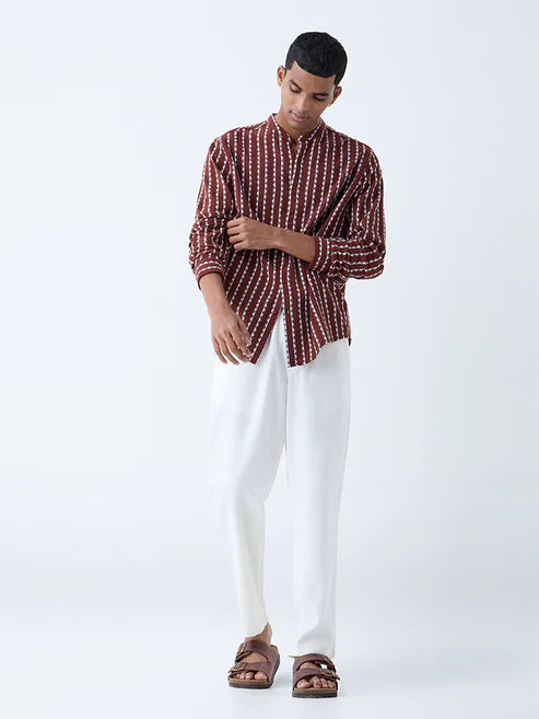 Trendy Men’s Brown Embroidered Cotton Shirt with Casual Resort Style