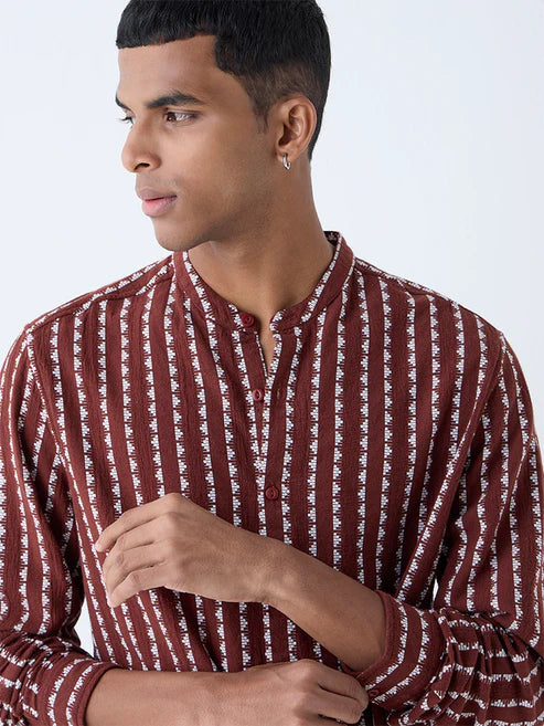 Trendy Men’s Brown Embroidered Cotton Shirt with Casual Resort Style