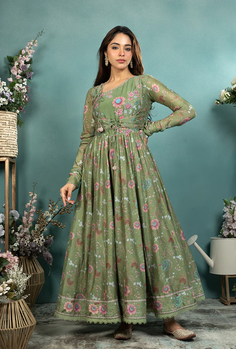Festive Dark Green Mughal Koti Anarkali Outfit with Intricate Embroidery, Full Flared Hem, and Regal Ethnic Look for Celebrations