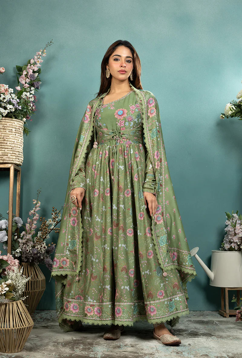 Festive Dark Green Mughal Koti Anarkali Outfit with Intricate Embroidery, Full Flared Hem, and Regal Ethnic Look for Celebrations