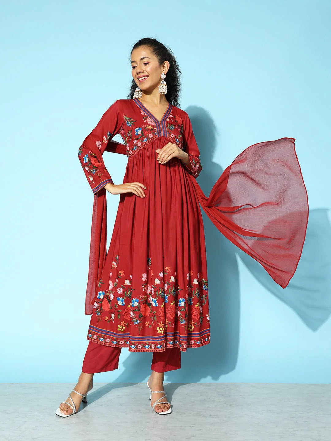 Festive Red Anarkali Kurta Set for Women with Tonal Trousers and Soft Chiffon Dupatta