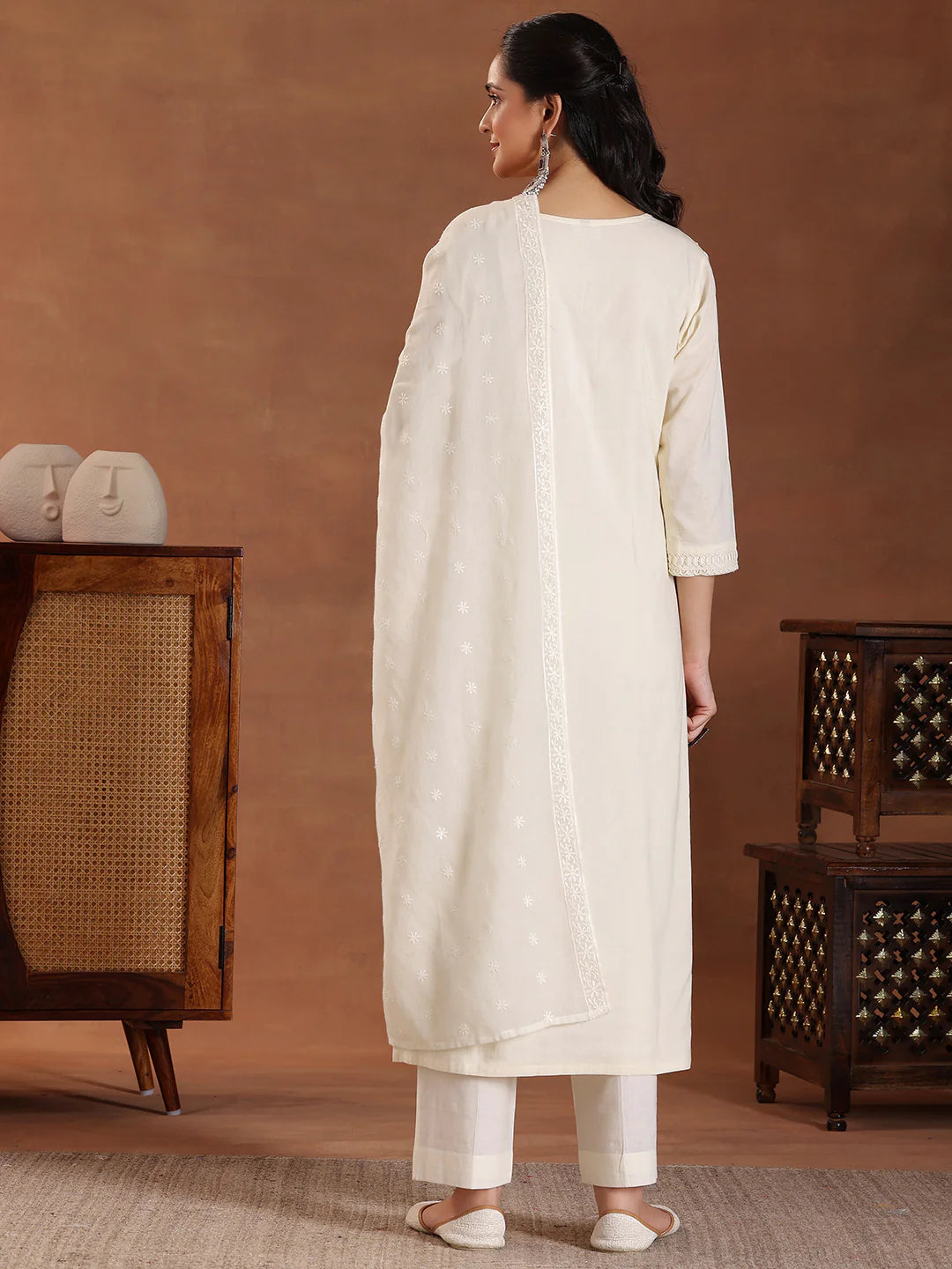 Off White Cotton Straight Kurta Ensemble with Delicate Embroidery and Coordinated Dupatta