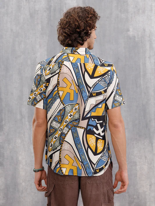 Trendy Men’s Blue Shirt with Abstract AOP Lightweight Shirt Perfect for Office, College, and Casual Outings