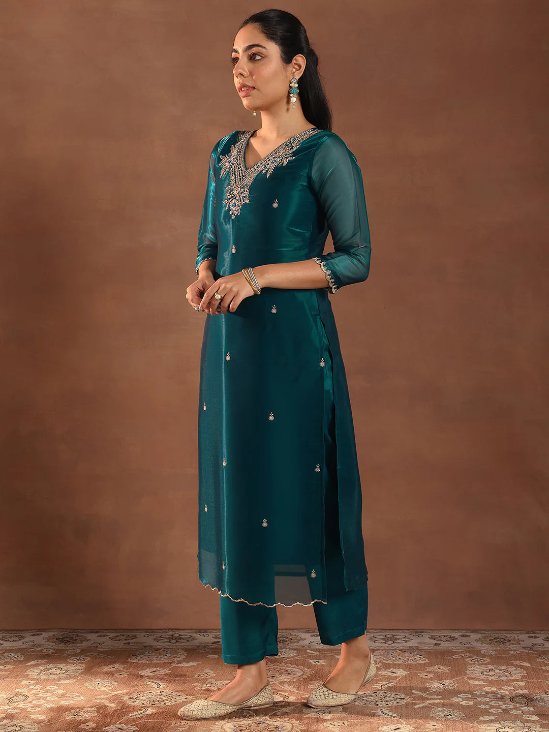 Women’s Teal Tissue Straight Suit with Yoke Design and Matching Dupatta for Festive Wear