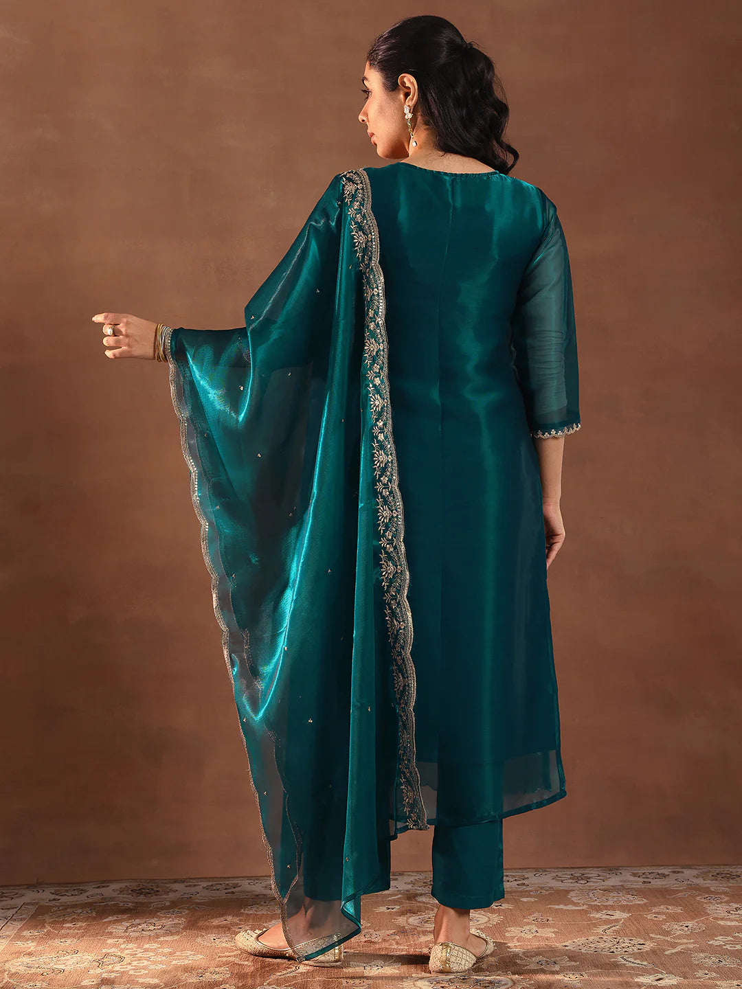 Women’s Teal Tissue Straight Suit with Yoke Design and Matching Dupatta for Festive Wear