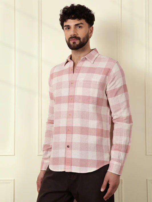 Premium Quality Textured Pink Checked Shirt for Men’s Office and Daily Wear
